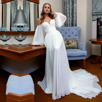 MANRAY Прости летни бели сватбени рокли с пищни ръкави 2022 с открити рамене трапециевидное шифоновое сватбена рокля придворен струйка