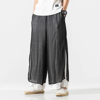Мъжки панталони с висока засаждане, свободни преки двуслойни панталони Hanfu в китайски стил, мъжки памучни ленени нагънат ежедневни панталони