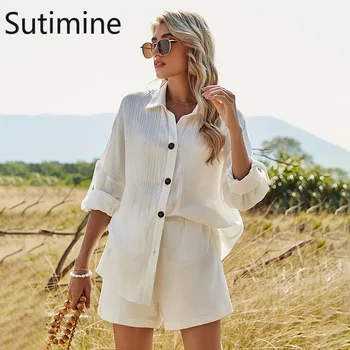Sutimine 2021 Летни ежедневни дамски комплекти копчета, спално бельо, памучни комплекти от две части, риза с дълъг ръкав и къси панталони, женски комплект дрехи