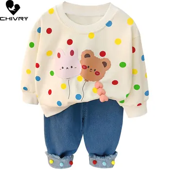 Новост 2023 година, есента модерен пуловер с шарките на мечок от анимационен филм на точки, hoody, върхове с джинсовыми панталони, комплекти за ежедневни дрехи за момчета и момичета
