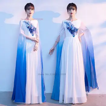 2023 китайското традиционно шифоновое рокля ципао наклон на цвят рокля, шифоновое рокля ципао с национална бродерия на цветя, на източното банкет рокля ципао