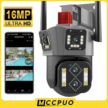 Mccpuo 8K 16MP Четырехобъективная WIFI PTZ Камера 4K Трехэкранная Външна AI Human Auto Tracking Сигурност и ВИДЕОНАБЛЮДЕНИЕ Камери за Видеонаблюдение