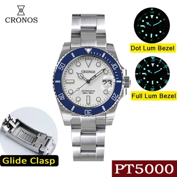 Мъжки часовник Cronos Sub Diver, Бял циферблат с дата PT5000 Керамични bezel 200 метра водоустойчивост матиран гривна Glideclasp