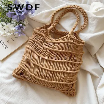 SWDF нови елегантни плетени от слама рамо портмонета за скитници мрежата Плажна чанта ръчна изработка 2023 Летни чанти за пазаруване