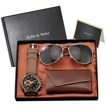 Моден мъжки аксесоар, мъжки кварцов аналогов часовник с черни слънчеви очила, кожени опаковки за ключовете, определени подарък за годишнината, за любовник