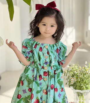 бебешка рокля, летни дрехи за малките момичета, памучно модно памучно зелена рокля с къс ръкав и цветна принтом в ретро стил