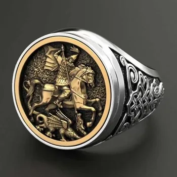 Реколта пръстени със свети Георги и дракона за мъже, бижута от неръждаема стомана, защитен пръстен на войник, смелост, късмет на бойното поле
