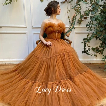 Абитуриентски рокли от диференцирани тюл Lucy Orange трапецовидна форма с волани, макси-рокли с дължина до пода, без презрамки и дължина до пода, вечерни рокли