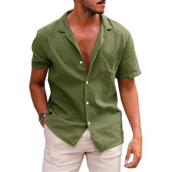 2023 Лятна нова свободна ежедневната мъжка риза с къс ръкав, модерен яка Поло, мъжки топ, обикновена памучни дишащи мъжки ризи от коноп