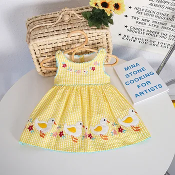 Детска рокля без ръкави, с анимационни герои 2023 Лятна рокля в жълто клетка за малки момичета Скъпа детски памучни дрехи за малките момичета