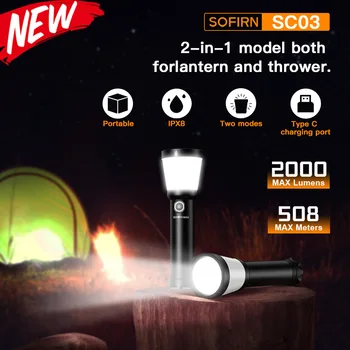 Sofirn SC03 Лампа за Къмпинг, 2-в-1 2000ЛМ Мощен USB Фенерче C, Акумулаторна батерия Фенер 21700 Външен Фенер с Комбинирана Странично Осветление