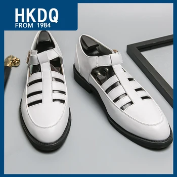 HKDQ/ Летни Дишащи Кожени Сандали За мъже, Висококачествени Модни Мъжки Ежедневни обувки, Удобни нескользящая Мъжки Кожени обувки