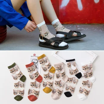 Дамски Прозрачни Чорапи с Сладък Котка, Корейски Модни Дамски Летни Тънки Копринени Чорапи с Кристали, Японски Модни Чорапи от Фибростъкло Kawaii