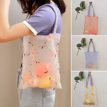 Дамски сгъваеми чанти за еднократна употреба, лесна бродерия, желейная чанта за покупки от органза, чанта-тоут с цветя