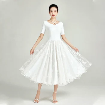 2023 Ново бяло секси рокля, за по бални танци, дамски конкурсната модерни танцови облекла, костюми, коприна лед, големи люлки, дрехи за валс, дрехи за танци