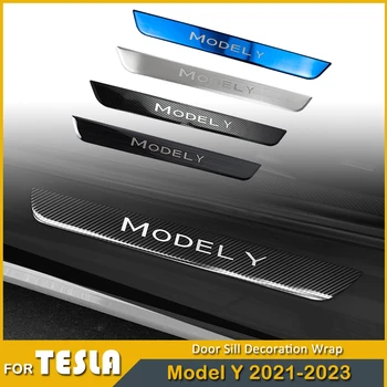 Протектор автомобилни прагове за Tesla Model Y, защитни ръбове на врати от неръждаема стомана, педальное украса, амбалажна на кутията, аксесоари 2023