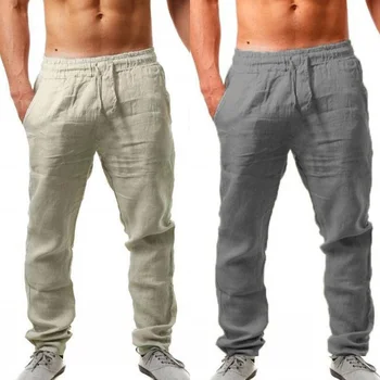 Памучни ленени панталони за мъже, панталони на съвсем малък, средна талия, удобни, с много джобове, дишащи, всекидневни, 4 едноцветни цвят