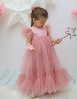 Руж, рокли с цветя модел за момичета, многослоен тюлевый сатен топ с кръгло деколте, детски рокли за рожден ден, рокля за първо причастие