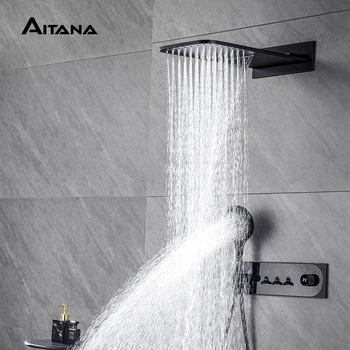 Черна луксозна душ система за баня, стенен дизайн с интелигентен дигитален дисплей, месинг смесител за душ с двойно управление за студена и топла вода