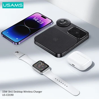 USAMS 3 В 1 15 W Десктоп Безжична Бързо Зарядно Устройство За iPhone 14 13 12 11 Pro Max зарядно устройство за Apple Watch 8 7 Airpods 3 Pro