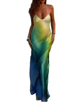 Жена макси рокля без ръкави с цветен принтом в стил бохо, с V-образно деколте и с отворен гръб, с плажна премяна