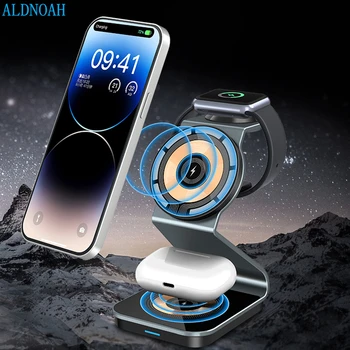 Магнитно Безжично Зарядно Устройство с мощност 15 W, 3 в 1 от Алуминий за iPhone 14 13 12 Pro Max AirPod Pro 3 на Apple Watch 8 7 6 5 Бързо зарядно устройство