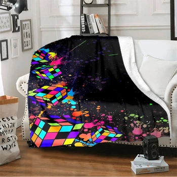 Одеяло с 3D принтом под формата на кубчета-пъзел, меко, топло и удобно покривка за дивана, одеало за пътуване на открито (адаптивни фигура)