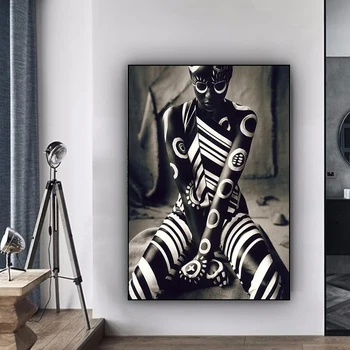 Африканска жена, е черно-бяла абстрактна фигура, художествен плакат, рисуване на графити, щампи, бои, боядисване, уникален интериор за дневната, рисувани стенни