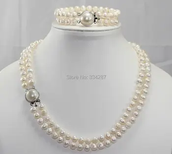 Комплекти от по 2 реда от естествени бели перли 7-8 мм с перламутровой катарама колие (17 инча), гривни (7,5 см), комплекти