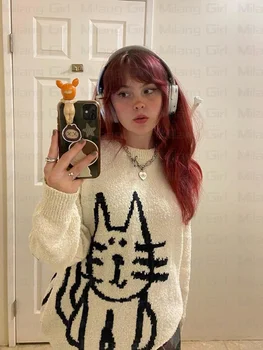 Kawaii Kitten Графичен трикотаж Y2K Реколта зимните пуловери за момичета Harajuku, пуловер оверсайз, унисекс, прекрасна эстетичная облекло