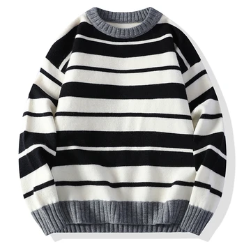 Модерен мъжки вязаный пуловер в черно-бяла ивица, висококачествени мъжки ежедневни есенно-зимния обикновен пуловер, тенденция облекло за любителите на улицата