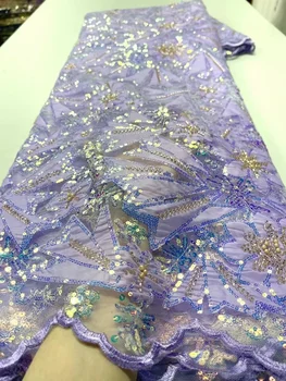 Синя френска кадифе лейси плат с пайети 2023, благородна лейси плат от нигерийски на африканския тюл, луксозни пайети за вечерните рокли
