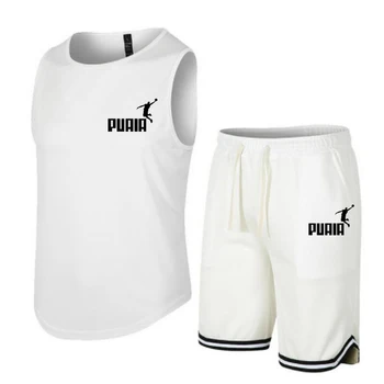 Тренировъчен комплект от 2 теми, мъжка лятна риза без ръкави с високо воротом 2023 + шорти, спортен костюм, плажен casual