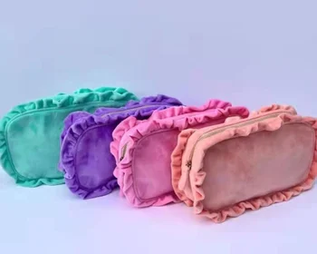 Косметичка 4 размера, лейси косметичка във формата на листа на лотос, изработени по поръчка в розово-зелена чанта за тоалетни принадлежности, пътни косметичка, кристален кадифе косметичка за грим