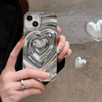 Луксозен 3D Калъф За Телефон Love Heart За iphone 11 12 13 14 Pro Max, Сребро С Покритие Покритие, устойчив на удари Калъф От Мек Силикон TPU, Задната част на Кутията, Калъф