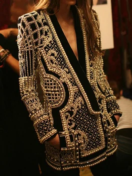 Елегантно дамско палто за подиум с V-образно деколте, расшитое перли, новост пролет, есен, дизайнерски дебел блейзър с винтажным принтом, яке ZN187