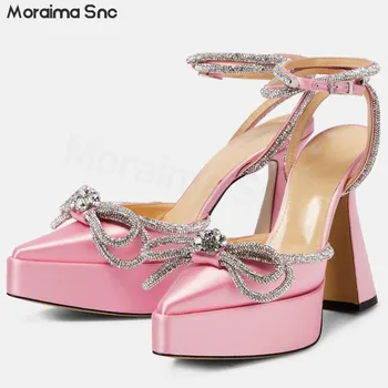 Леки луксозни розови сандали на висок ток с кристали и лък, сандали с остри пръсти, сандали на дебела подметка, дамски обувки за банкет с темперамент