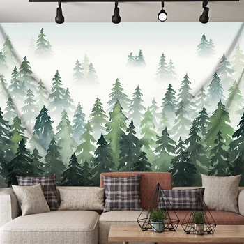 Зелени дървета дълбоко гори Проста фонова плат в скандинавски стил Ins Спалня, всекидневна декор в общежитието на поръчка окачен гоблен