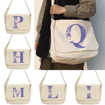 Холщовая диагонално чанта-месинджър, младежта модни и ежедневни версия, женствена чанта с голям капацитет, нови дамски чанти през рамо с лилаво цвете, чанти през рамо