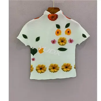 YUDX Miyake плиссированная риза поло с принтом пуловер еластични потници диви свободни тениски в разговорния стил за жени 2023 през лятото
