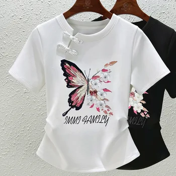 Летни дамски нови върхове в ретро стил с катарама във дамски тънка бяла тениска с принтом пеперуди, тениска оверсайз в готически стил