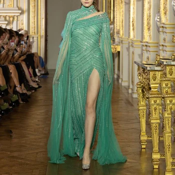 Зелена вечерна рокля с високо воротом, секси рокля за бала, без ръкави, с цепка, расшитое мъниста, рокли с влак за жени