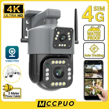 Mccpuo 4K 8MP Камера с двойна леща 4G СИМ-Камера Открит WiFi PTZ Двоен Екран Автоматично Следене на Сигурността ВИДЕОНАБЛЮДЕНИЕ Камера за видеонаблюдение V380