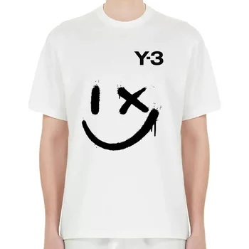 Година 3 YOHJI YAMAMOTO Мъжки и дамски свободна тениска Y-3 с принтом усмихнато лице, кръгъл отвор, универсални къси ръкави