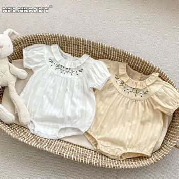 Шумерская градинска дрехи от чист памук, с къси ръкави и с бродерия във формата на цвете за малки момичета, тела за новородено, боди за малки деца