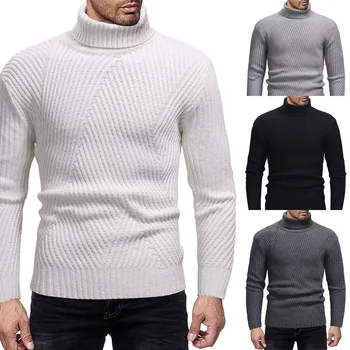 2023 Нов черен пуловер с висока воротом, мъжки топъл пуловер, мъжки пуловер с висока воротом, мъжки вязаный пуловер райе с високо воротом, мъжки дрехи