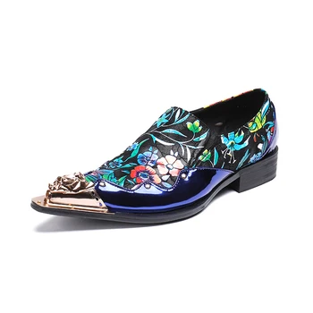 Остроносые обувки от естествена кожа с цветя модел в нов стил, модел обувки с тенденция кожена печатни обувки с желязна глава, комплекти за нощен обувки tidal