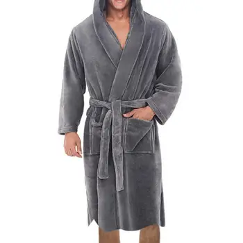 Гореща разпродажба! Мъжете по-дълги пижами, плюшена хавлия, монофонични фланелевый халат с колан, джобове и с качулка, топло мъжки нощница, домашно облекло