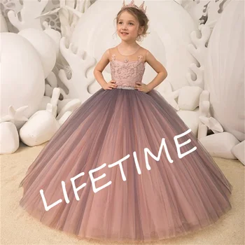 Красиво розово-сиво дантелено рокля с цветя модел за специални случаи, сватба, рожден ден, първото причастие, театрално представление, парти