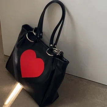 Мека изкуствена чанта с принтом сърцето Дамска кожена чанта през рамо с голям капацитет Чанта-тоут Чанта в стил колеж дамски училищна чанта за пътуване